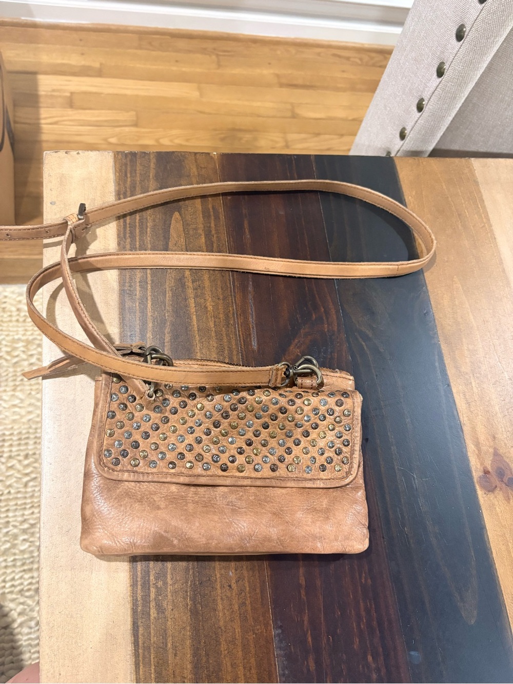 Tan Studded Leather Crossbody Bag